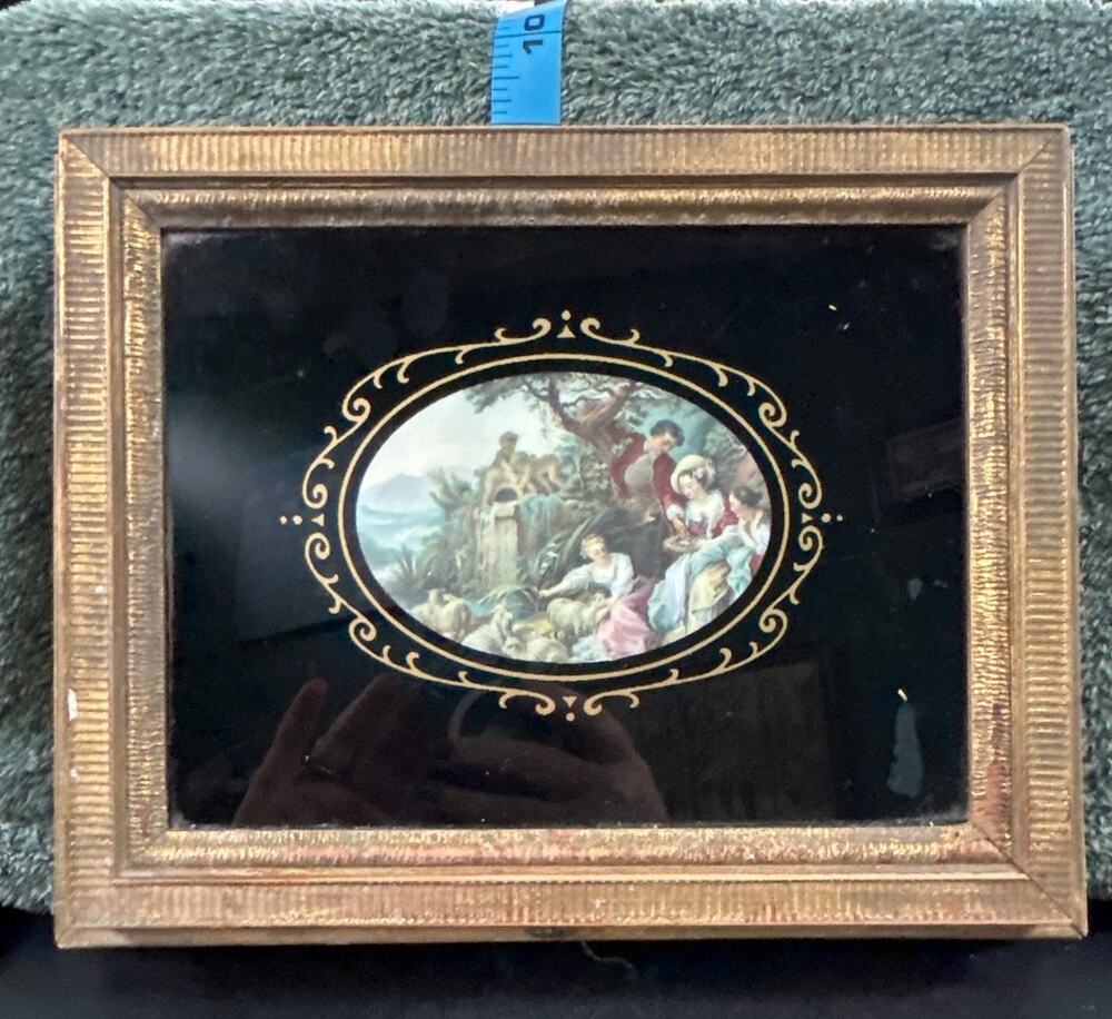 c1929 Vanity/Art Box Wood w Painted Victorian Picture Glass Top w Mirror